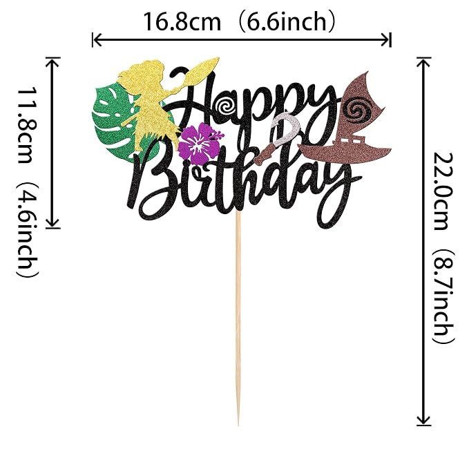 1 PCS Moana Inspired Cake Topper Black Glitter Palm Leaf Flower Happy Birthday Cake Pick Decoration for Tropical Hawaiian Luau Theme Baby Shower Kids Birthday Party Cake Decorations Supplies