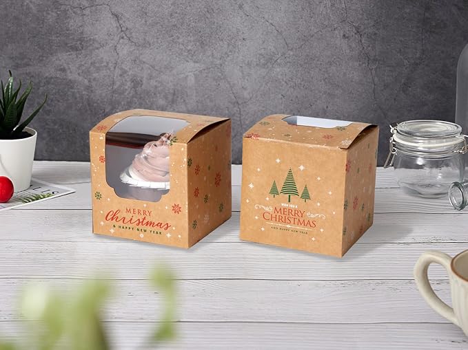 Christmas Individual Cupcake Containers with Window and Insert, Pre-Assembled Cocoa Bomb Packaging 60pcs Christmas Kraft Cupcake Boxes for Gifts