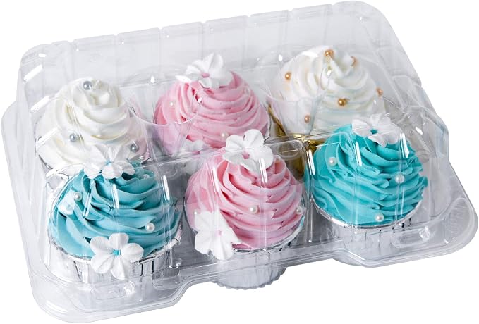 ONE MORE Clear Cupcake Boxes 6 Cavity Holder, Large 6 Compartment Muffin Containers Plastic Cupcake Carrier with Deep Dome 4" High Safe Eco-friendly Material Pack of 15