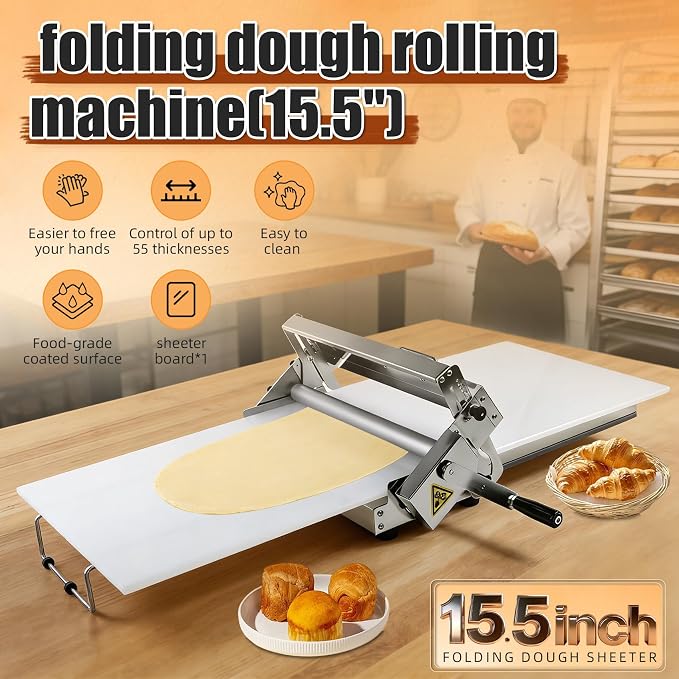 Folding Dough Sheeter (15.5")，Dough Sheeter，Manual Dough Sheeter，Commercial Dough Roller Sheeter，55 thickness options，Suitable for pizza, croissants, puff pastry, Stainless Steel（1 Rolling Boards）