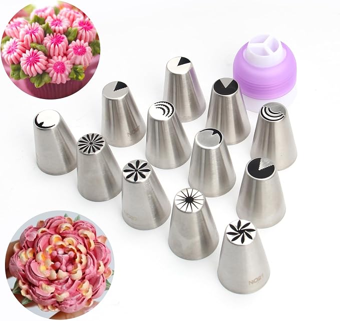 34 Pieces Stainless Steel Russian Flower Icing Tips Set,12 Special Russian Piping Nozzles,1 Cleaning Brush,1 Plastic Coupler,10 Silicone Cupcakes Mold,10 Disposable Pastry Bags for Cake Decorations