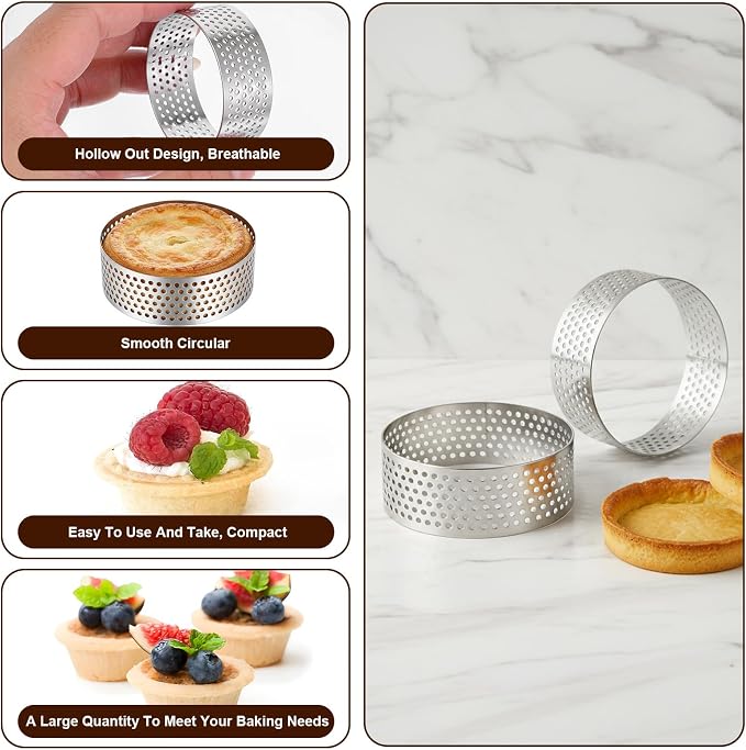 Kifmurase 30 Pack 2 Inch Stainless Steel Tart Rings, Heat-Resistant Perforated Cake Mousse Ring, Round Rings Baking Doughnut Tools Small Fruit Tarte Ring Molds for Cooking Dessert