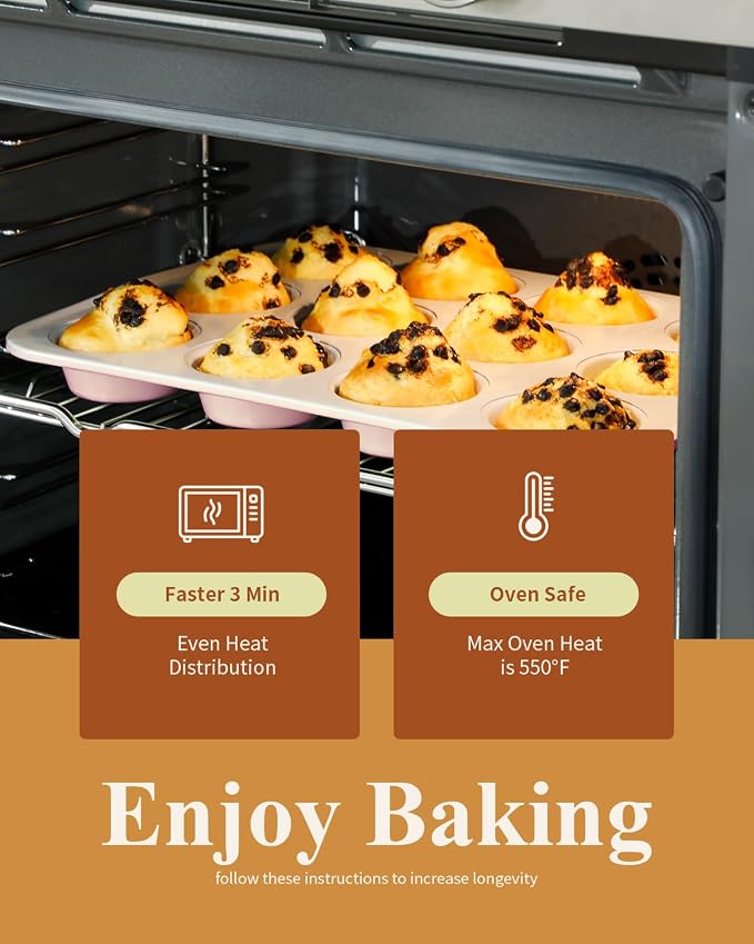 Nonstick Ceramic 12 Cup Muffin Pan, Cupcake Pan for Baking, Non-Toxic Muffin tin, Ceramic Coating, PTFE & PFOA Free, Oven Safe 550°F, Aluminized Steel (Pink)