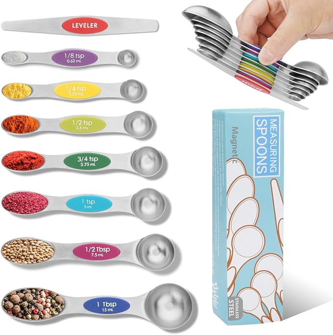 Magnetic Measuring Spoons Set of 8 with Leveler Stainless Steel Dual Sided Teaspoon and Tablespoon Stackable Fits in Most Kitchen Spice Jar(Color）