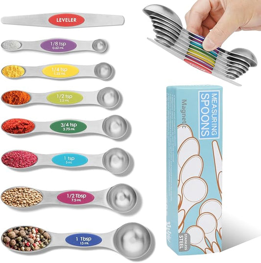 Magnetic Measuring Spoons Set of 8 with Leveler Stainless Steel Dual Sided Teaspoon and Tablespoon Stackable Fits in Most Kitchen Spice Jar(Color）