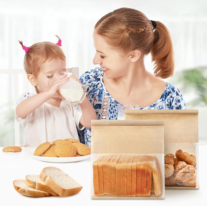 Ohuimrt Paper Bread Bags for Homemade Breads, 100 PCS, 11" x 8.7" x 4.3" | Tin Tie Tab Lock, Window, Kraft Bakery Bag, For Sourdough Bread Baked Food
