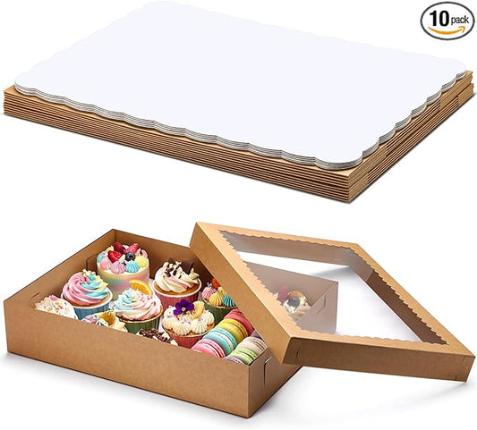Sinload 10 Pcs 19x14x4 Inch Half Sheet Cake Boxes 5pcs Large Rectangle Bakery Boxes with 5pcs Cake Boards for Pastry Baking, Cupcakes, Donuts, Cookies, Pie Treat Packaging (Brown)