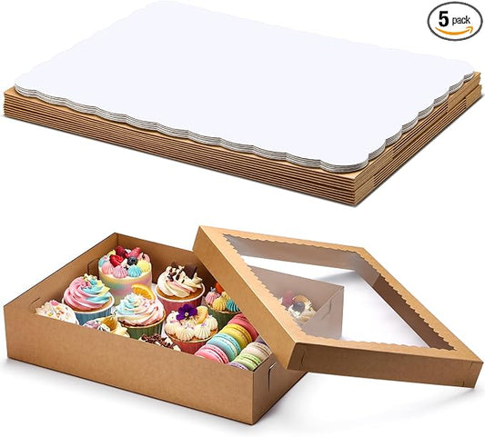Sinload 10 Pcs 14x10x4 Inch 1/4 Sheet Cake Boxes 5pcs Large Rectangle Bakery Boxes with 5pcs Cake Boards for Pastry Baking, Cupcakes, Donuts, Cookies, Pie Treat Packaging