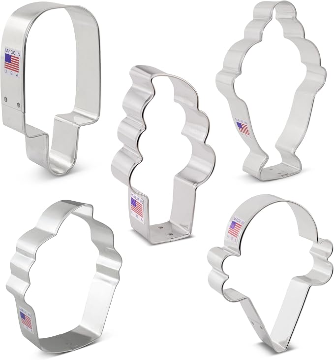 Ice Cream and Sweets Birthday Cookie Cutter 5-Pc Set Made in USA by Ann Clark, Ice Cream Cone, Soft Serve Cone, Popsicle, Ice Cream Sundae
