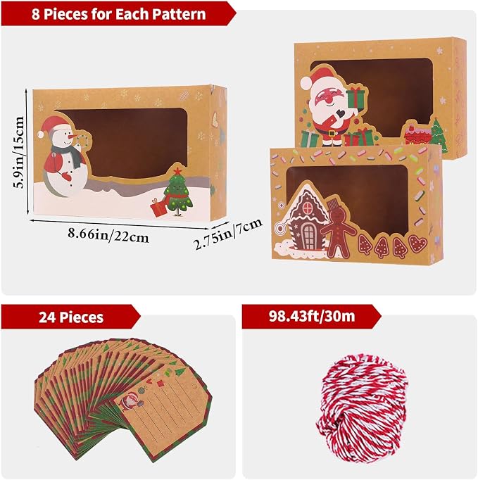 24 Pack Christmas Cookie Boxes with Window, Large Holiday Food Bakery Treat Boxes for Gift Giving, Pastry, Candy, Party Favors, Christmas Kraft Gift Boxes with Ribbons and DIY Gift Tags