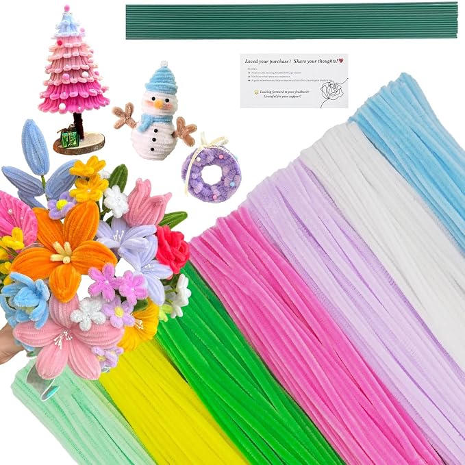 AHAMETON 720Pcs Pastel Pipe Cleaner Flower Kit, 7 Colors Bulk Pipe Cleaners Craft Supplies with Wires, Stamens, Ribbon, Tapes, Card, DIY Flower Making for Party Home Decor, Gifts School Crafts