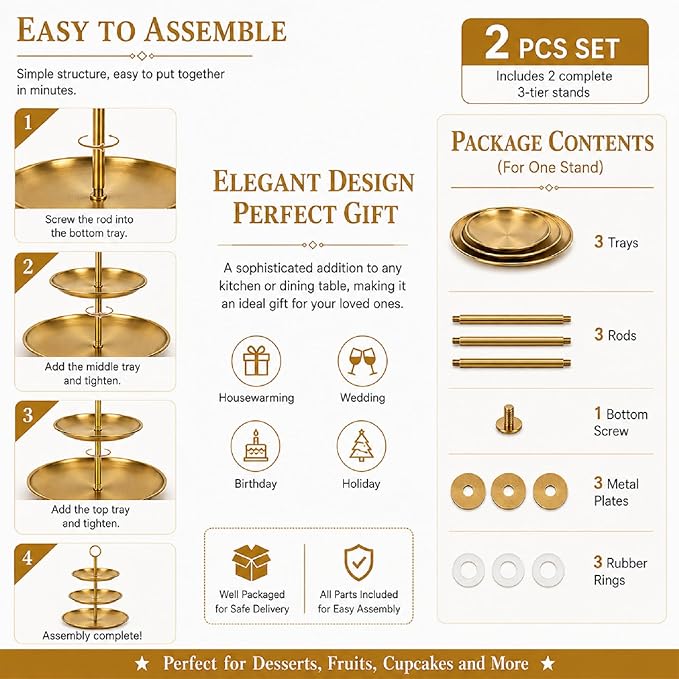 ABuff 3 Tiered Gold Cupcake Stand 2 Pack Stainless Steel Gold Tiered Dessert Stand Cupcake Display Tower 3 Tier Serving Tray Cake Stand for Baby Shower Birthday Party Wedding
