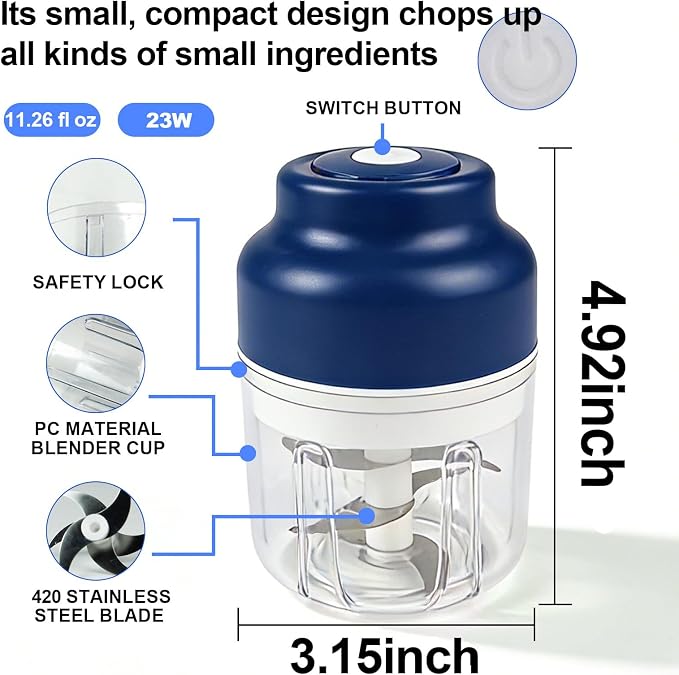 Wireless Electric Garlic Chopper, 10.8oz Mini Chopper Cup with 6 Blades | USB charging keeps meal prep easy, ideal for mincing chopped garlic, onion pieces, chili and herbs in small kitchens.