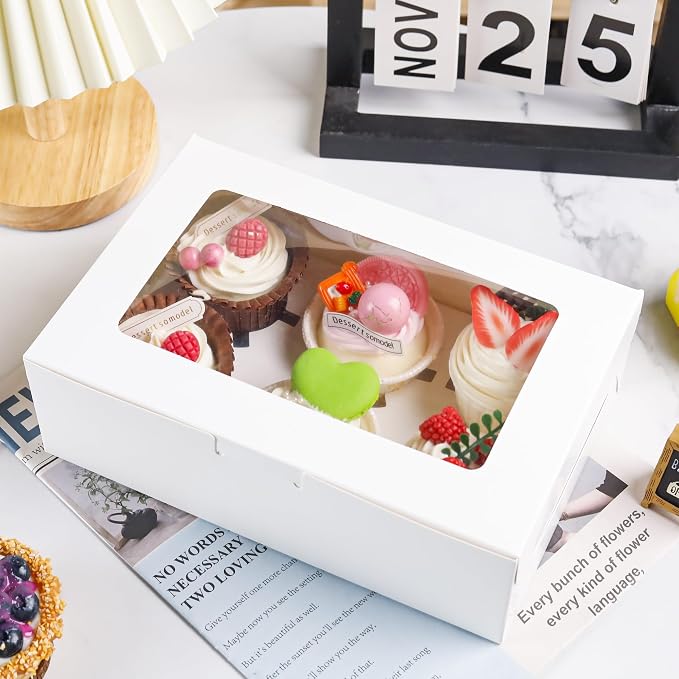 NPLUX 30 Pack Cupcake Boxes with Inserts 6 Holders, White Standard Bakery Boxes with Window Food Grade Cupcake Containers for Muffins,Gift Treat Boxes for Cupcakes