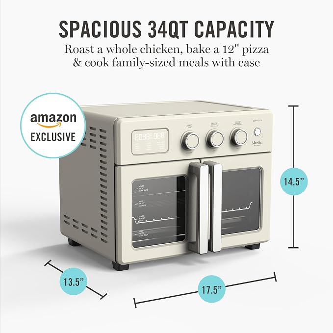Martha Stewart French Door Air Fryer Toaster Oven Combo, 34QT Countertop Convection, 12-in-1, Bake, Broil, Roast, Fits 12” Pizza, Dehydrate, 5 Accessories, Air Fry Basket, Stainless Steel, Linen Cream