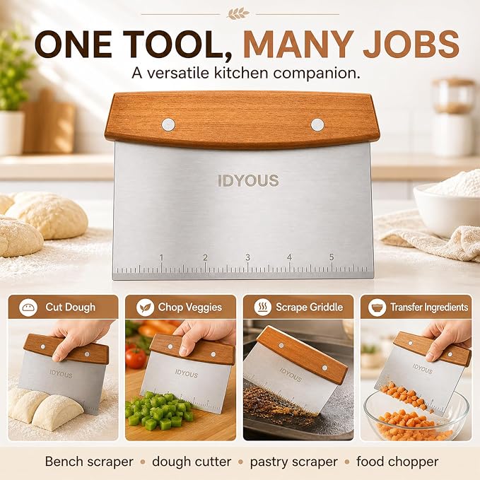 Multipurpose Bench Scraper and Dough Cutter, Stainless Steel Griddle Scraper Chopper with Measurement Marks, Kitchen Tool for Flat Top Grill, Bread, Pizza and Baking