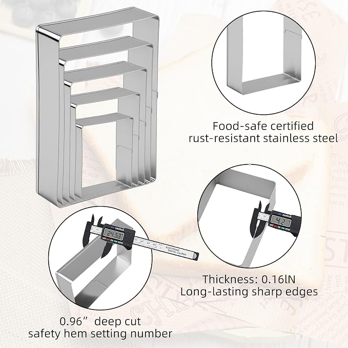 Rectangle Cookie Cutter, 5 Pcs Stainless Steel Rectangle Biscuit Mold, Square Cookies Cutter, Square Pastry Molds Fondant Cake Cookie Cutters Set (5, 4, 3, 2 & 1 Inch) for Cake, Cookies & DIY Decor