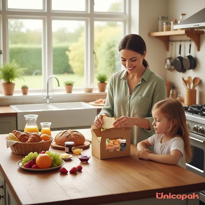 UnicoPak 30 Pack Brown Gable Bakery Boxes with Window 9x6x6, Food-grade Cardboard, Rustic Treat Boxes for Homemade Gifts, Lunch, Donuts, Bread, Large Gift Boxes with Handles for Favors