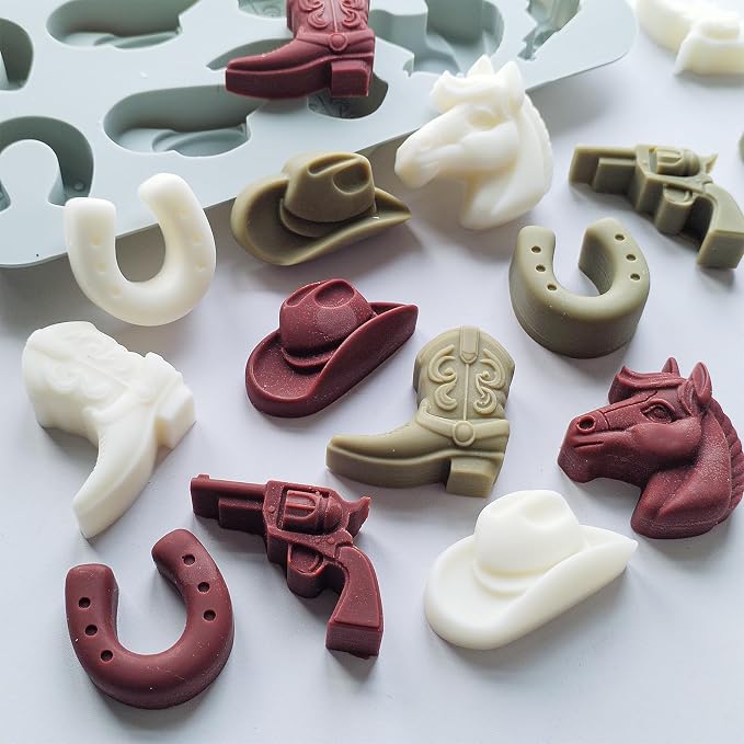 2 Pack Cowboy Chocolate Molds, Western Themed Silicone Fondant Jelly Cupcake Cake Decoration Molds, Unique Cowboy Hat Boot Horse Shape Candle Soap Wax Epoxy Resin Mold for Crafts Baking Tool