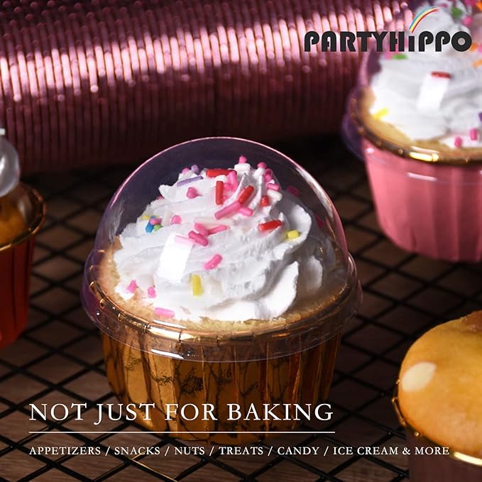 Party Hippo Cupcake Cups, 3.5 Oz 50 pcs Disposable Foil Muffin Liners, Gold Baking Cups, Ramekin Aluminum Cupcake Tip Pan Ramekin Holders, Little Baking Cups (50, Rose)