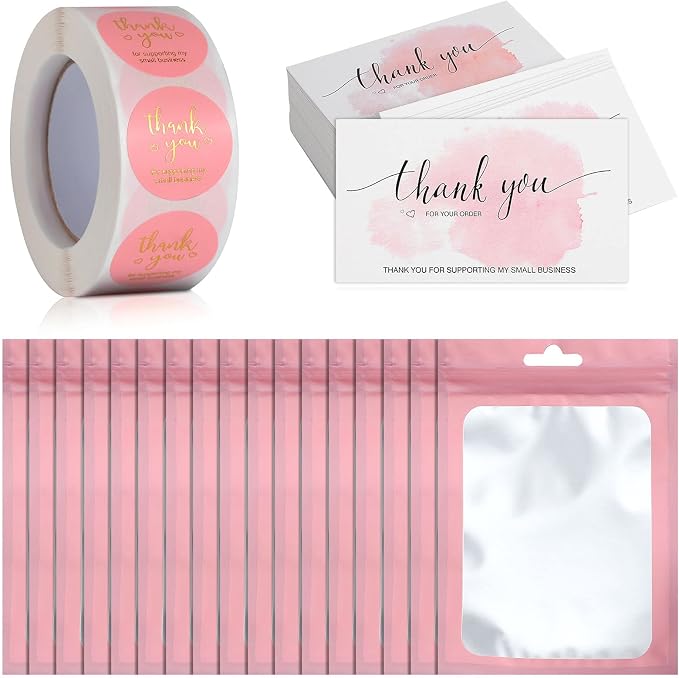 Outus 620 Pieces Thank You for Supporting My Small Business Cards and Stickers Set, Thank You Gold Foil Stickers with Resealable Packaging Bag for Business Owners Packaging Supplies (Pink)