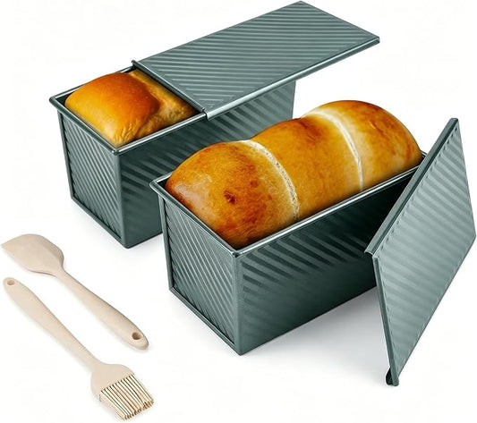 CARTMAN Bread Loaf Pan 2 Pack, 8x4 Pullman Loaf Pan with lid and a Silicone Spatula and Basting Pastry Brush, 1 lb Dough Capacity,Non-Stick Carbon Steel bread pans for homemade bread Sage Green