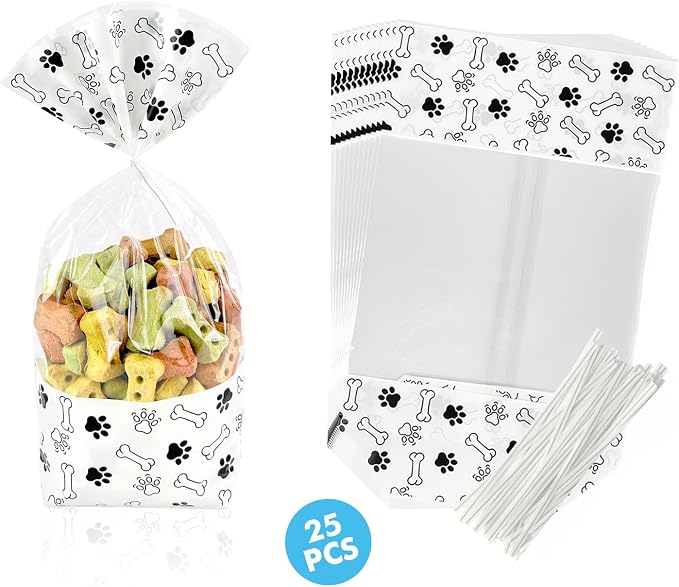EKAPACKAGING 25Pcs 6x10 Inches Paw Print Flat Bottom Treat Bags with Twist Ties, Stand Up Dog Treat Bags for Puppy Birthday, Clear Goodie Bags for Pet Party Favors, Dog Gift Bags for Pet Biscuits