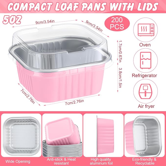 200 Pack 5 oz Mini Cake Pans with Lid, Aluminum Foil Mini Baking Tins, Square Disposable Cupcake Baking Cup Dessert Container for Wedding Birthday Party Picnic(Pink,Classic)