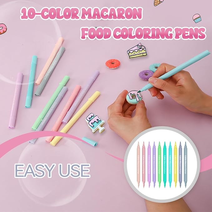 EdibleInk Macaron Food Coloring Pens 10 Color - Dual Tip Edible Markers with Fine & Thick Ends, New Macaron Pastel Set for Decorating Cookies, Cakes, Fondant, Icing, Cupcakes