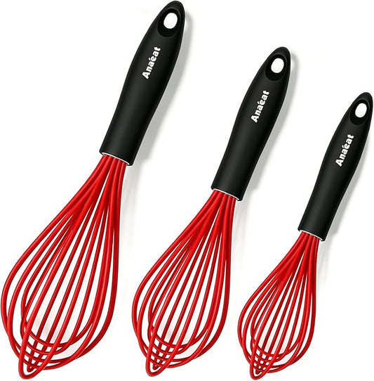 Anaeat Silicone Whisk, Thick Stainless Steel Wire Inner - Heat Resistant Kitchen Whisks for Non-Stick Cookware, Balloon Egg Beater for Whisking, Blending, Beating, Frothing & Stirring (Red)