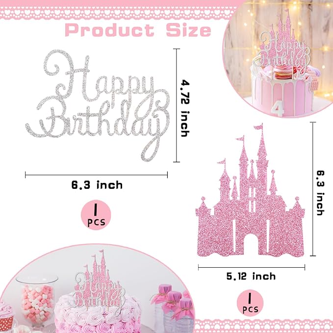 2Pcs Pink Princess Cake Toppers Silver Happy Birthday Cake Decorations Glitter Castle Picks for Girls Princess Birthday New Year Valentine's Day Party Supplies