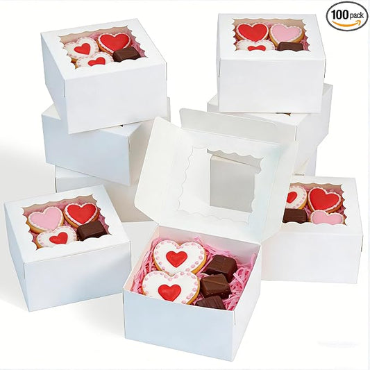 XINHPKGG 100pcs Cookie Boxes 4x4x2.5 Inch Bakery Boxes with Window Treat Box Dessert Box for Wedding Favors Party - White