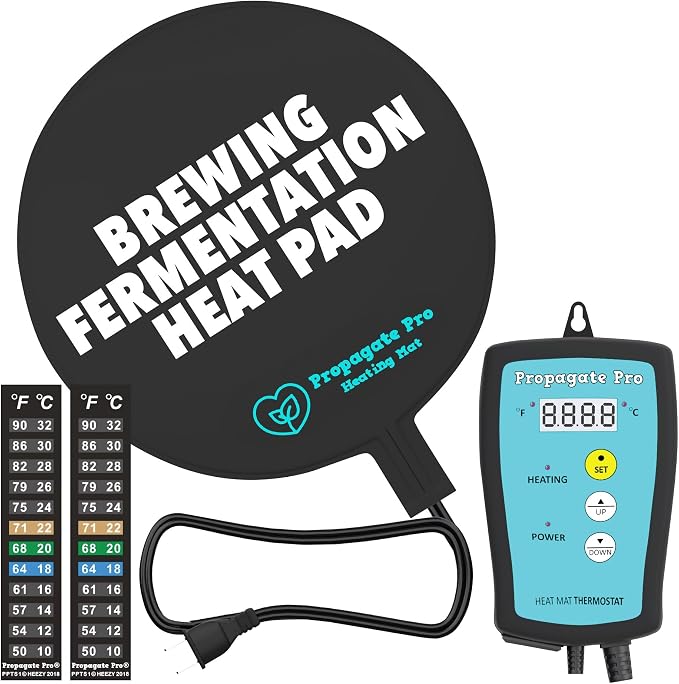 Brewing & Fermentation Heat Pad with Heating Thermostat - 10" Sourdough Starter Warmer Mat, Beer & Wine Fermenting - Heating Mat for Kombucha Jar, Carboy, Glass Jar, Fermentors with Heater Temp Strip