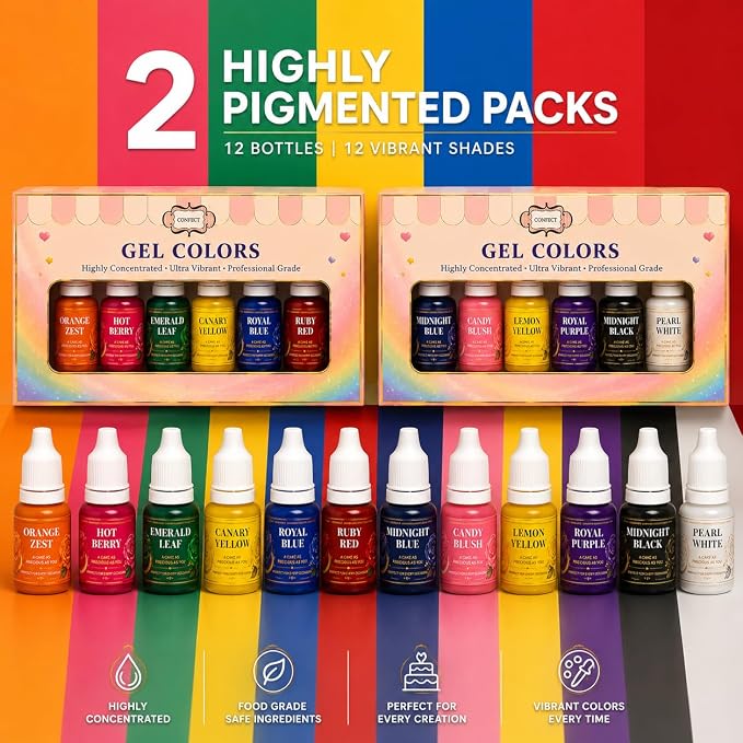 Confect Everyday Essentials Gel Food Coloring Set – 12 Highly Pigmented Colors for Buttercream, Cakes, Cookies, Macarons & Baking – 10mL Bottles