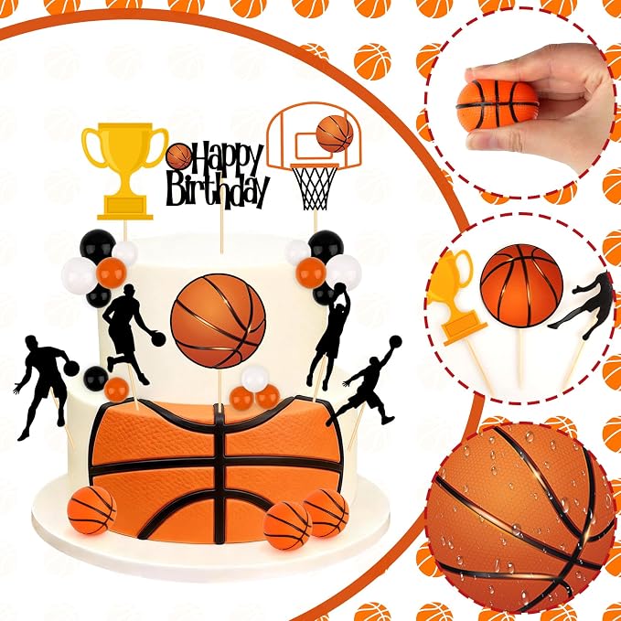 Hooqict 26Pcs Basketball Cake Decorations Set with Mini Balls, Players, Happy Birthday Basketball Cake Toppers & Cupcake Toppers for Kids Boys Men Sports Themed Basket Ball Birthday Party Decorations