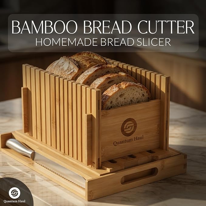 [UPGRADED] Bamboo Bread Slicer with High-Grade Stainless Steel Knife – Adjustable Wooden Bread Cutter Guide with Crumb Tray, Brush & Pouch | Manual Bread Slicer for Homemade Bread, Sourdough, Cakes