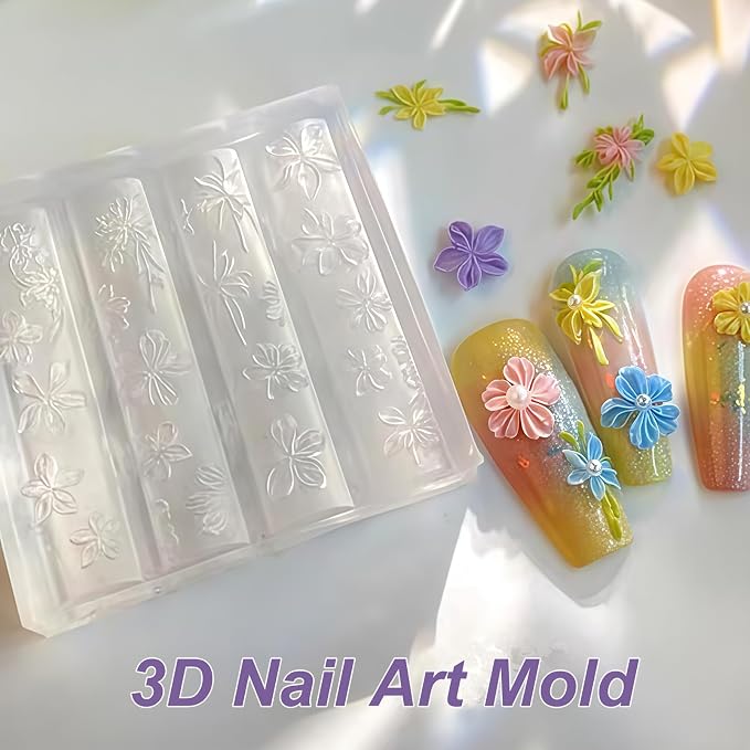 Flower Nail Art Silicone Mold, 3D Floral Nail Charms Mold with Leaves & Vine Designs, Flexible Reusable Silicone Mold for Acrylic Gel Resin Nail Decoration, DIY Nail Accessories