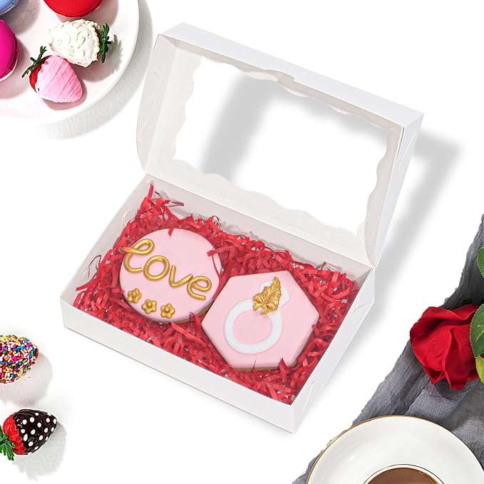 RomanticBaking 100 Pack White 7 x 4 3/8 x 1 1/2inches Cookies Boxes with Window Christmas Bakery Packaging for Macaron Treat Boxes Chocolate Truffle