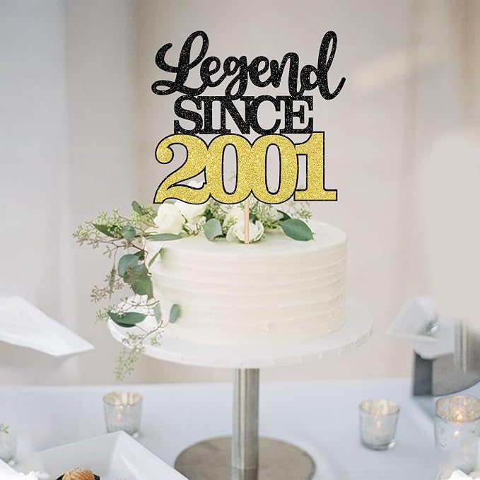 1 PCS Legend Since 2001 Cake Topper Black Gold Glitter Twenty Five Happy 25th Birthday Cake Pick Hello 25 Cheers to 25 Years Cake Decoration for 25th Birthday Anniversary Party Decorations Supplies