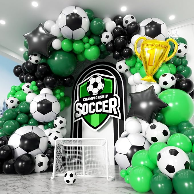 Soccer Party Decorations 153Pcs, World Soccer Balloon Garland Arch Kit with 18'' Football Foil Balloons, Green White Football Print Balloons for Boys Sports Fan Birthday Soccer Party Decor