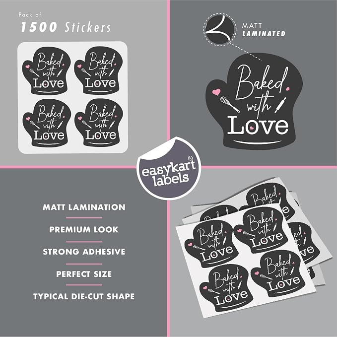 easykart labels 1500 Baked with Love Stickers in Sheets, Dark Grey Color in Hand Gloves Die Cut Design | 2" x 2" Inch Size Highly Recommended for All Bakeries and Baked Products ..