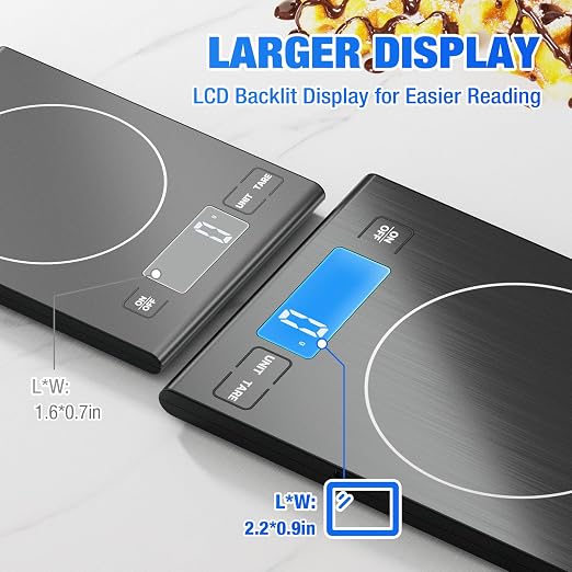 Rechargeable 304 Stainless Steel Kitchen Scale, Diyife 33lb Digital Food Scale with LCD Display, Batteries and Type-C Charging, for Meal Prep, Cooking, Baking (Black)
