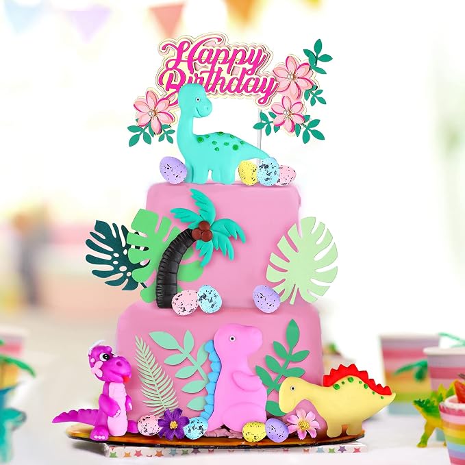 Marsui 35 Pcs Dinosaur Cake Topper, Dinosaur Cake Decorations with Happy Birthday Sign for Girls Birthday Baby Shower Safari Animal Themed Party