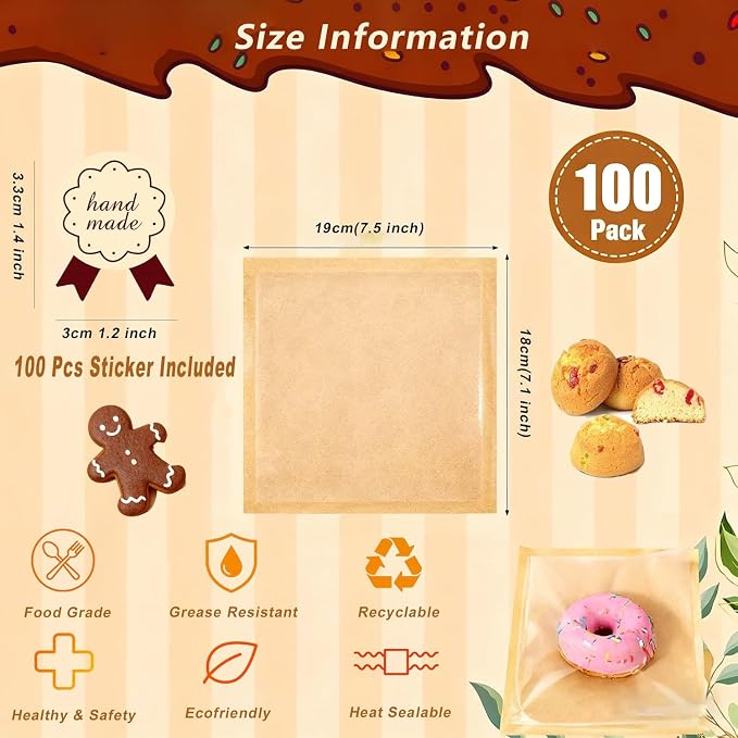 Cookie Bags with Window for Bakery, 100 Pack 7.1x7.5" Heat Seal Cookie Packaging Sleeves with Seal Sticker, Paper Treat Bag for Individual Bake Sale, Home Baked Brownie, Sandwich, Bread