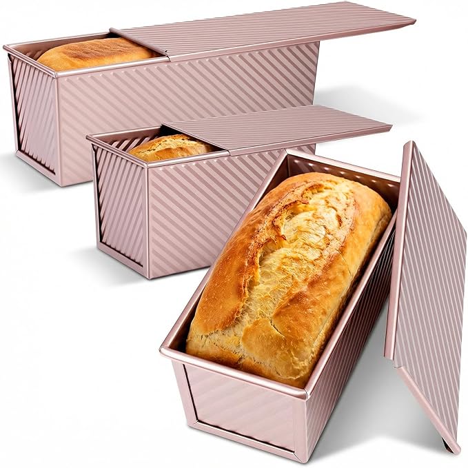 3 Pack Pullman Loaf Pan with Lid, 2.2LB/1LB/0.5LB Dough Capacity Non-Stick Sandwich Bread Pan, Carbon Steel Corrugated Toast Mold for Homemade Bread Baking (Golden)