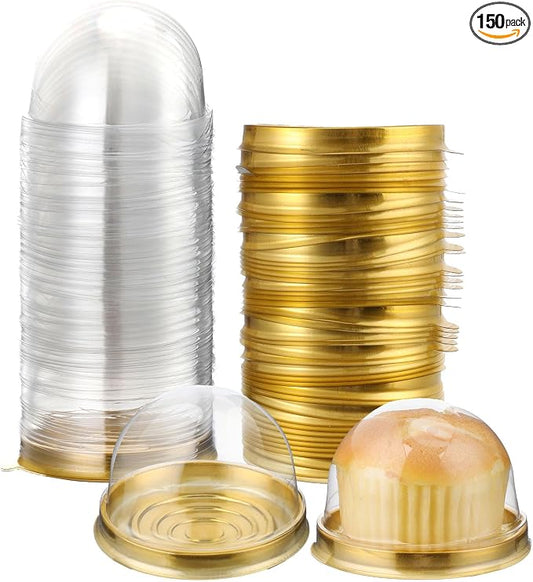 Patelai 150 Pcs Clear Plastic Mini Cupcake Container, Mini Cupcake Box Muffin Dome Muffin Single Container Box for Wedding Birthday Cheese Pastry Dessert Cake (Gold)