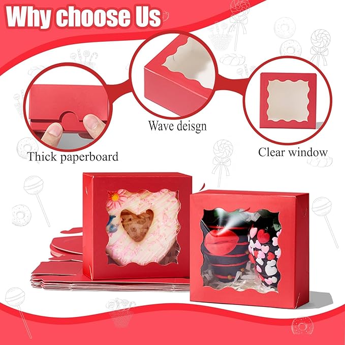 3.2x3.2x1.5 Inches 100PCS Chocolate Truffle Boxes Mini Bakery Boxes with Window for Cookies,Soap,Donut, Macaron,Brownie(Red)
