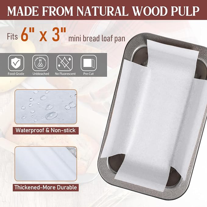 Webake 200Pcs Unbleached Parchment Paper Mini Loaf Pan Liners for 6x3 Small Banana Bread Pan, Original Precut, Non Toxic Baking Papers