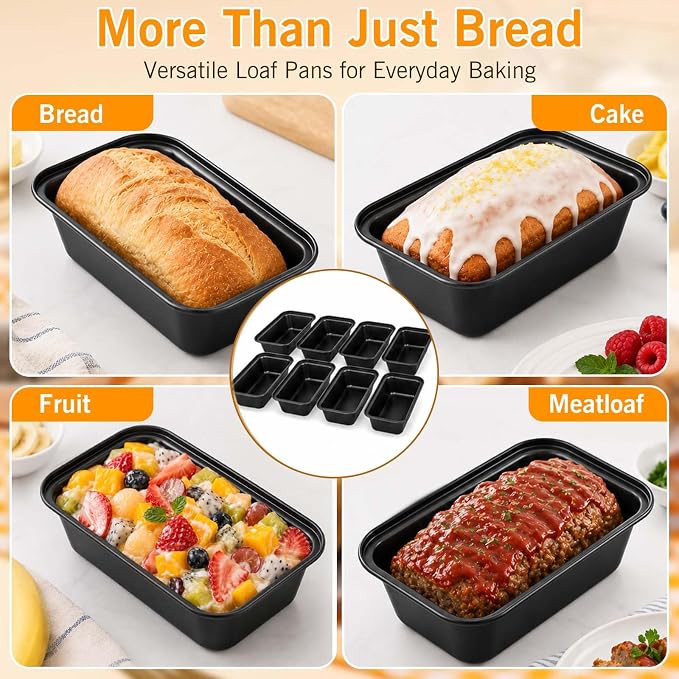tchrules Loaf Pans 8×4 Inch Carbon Steel Bread Pan Nonstick Baking Set | |Even Heat Baking|Oven Safe 450°F|Easy Release Bake|PFOA Free Coating|Warp Resistant Steel|8 Pack Value (Black)