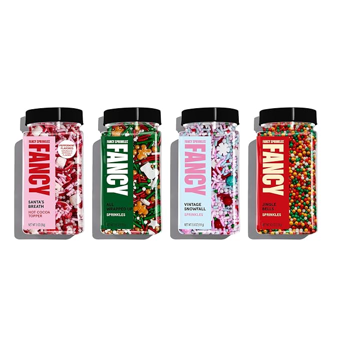 Fancy Sprinkles Sprinkle All The Way Sprinkle Set | Christmas Sprinkles with Hot Cocoa Topper | Cookie Exchange & Holiday Baking | Christmas Gift for Bakers | 4 Pack (0.5c)